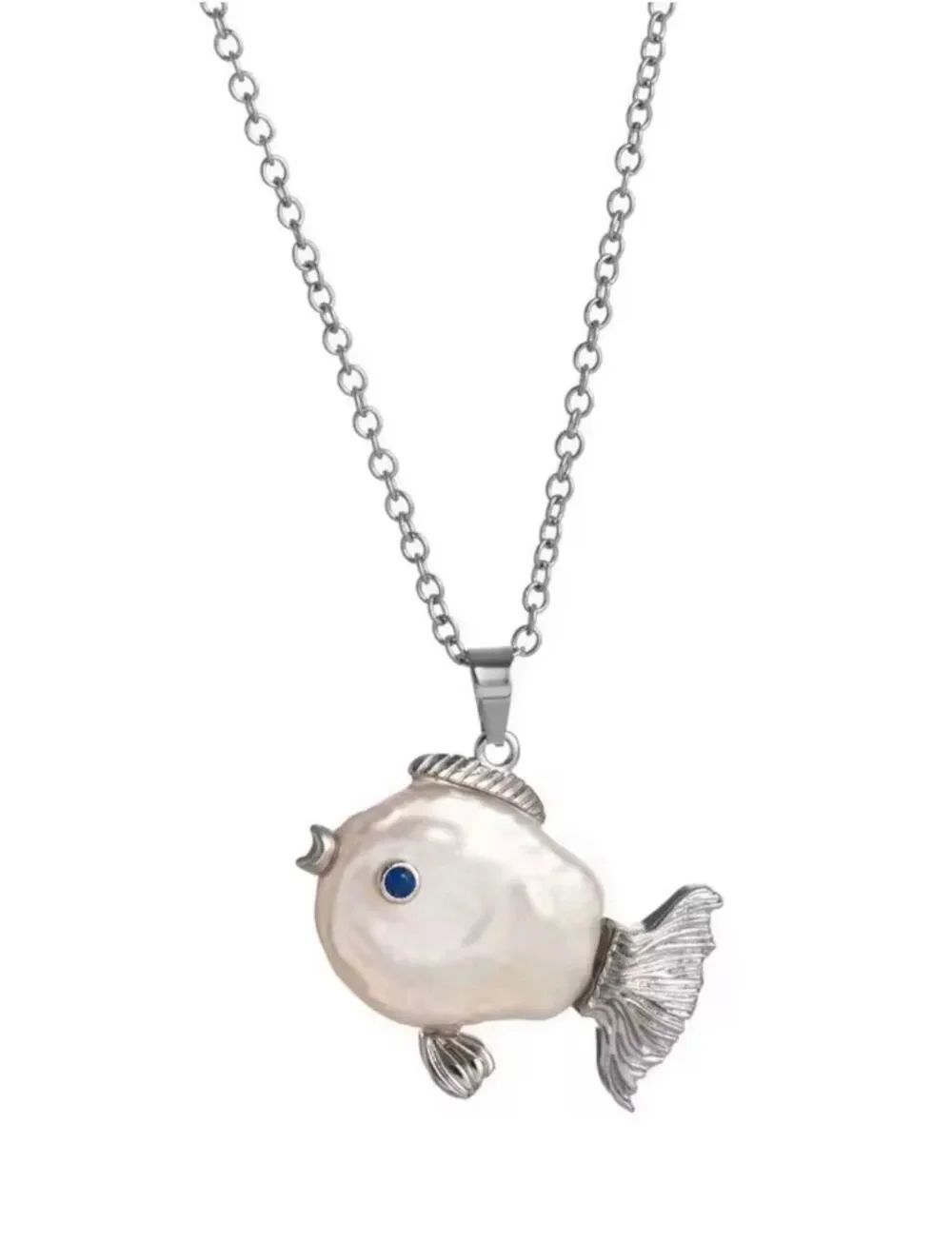 Anthropologie Silver Fish Pendant Necklace Faux Pearl Charm NWOT